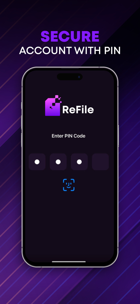 ReFile: Recovery All - PINコード入力とFace IDアイコンを備えたReFileアプリのログイン画面を表示するスマートフォン。安全なデータ保護のため。
