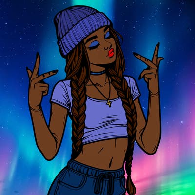 realistic teenage girl with braids and a beanie and crop top doing 🫶🏼