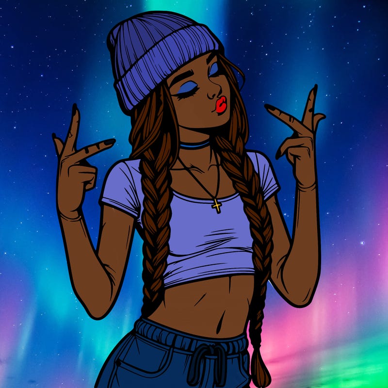 realistic teenage girl with braids and a beanie and crop top doing 🫶🏼