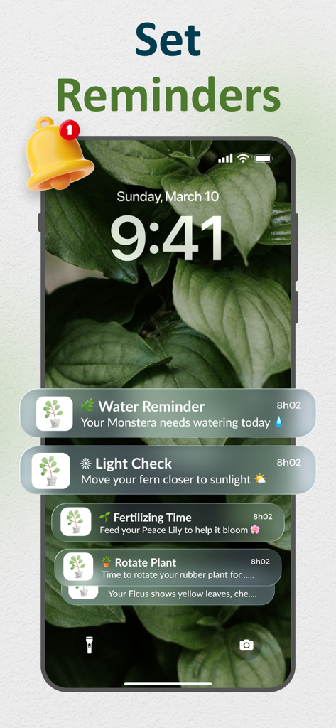 AI Plant Identifier and Care - Pantalla de bloqueo de iPhone que muestra notificaciones de cuidado de plantas para riego, iluminación, fertilización y rotación de plantas.