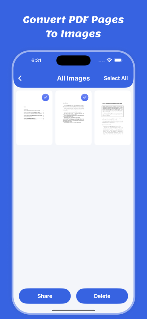 Web To PDF : Scanner & Reader - 共有および削除オプション付きの個々の画像に変換されたPDFページを示すモバイルアプリのインターフェース。