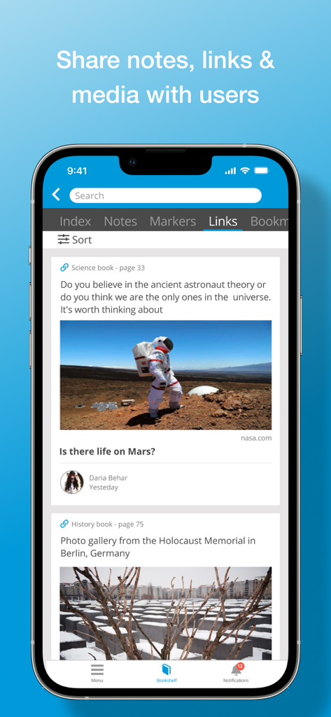 Classoos - A mobile phone screen of the Classoos app showing the interface for sharing educational notes and media links among users.