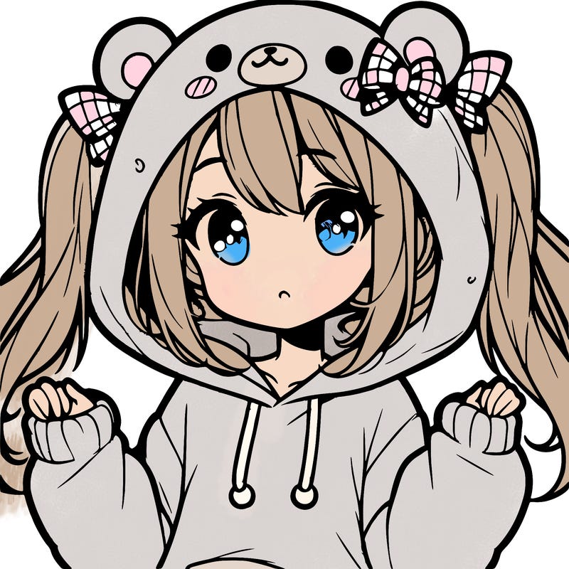 cute anime girl with ponytails and a cute bear hoodie