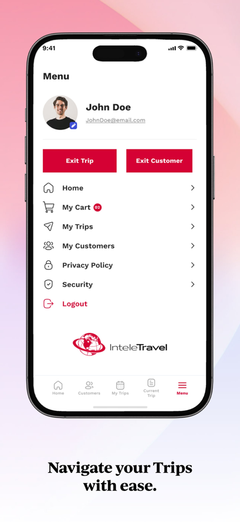 Menüoberfläche der IntelePro Mobile App mit Profil und Reiseoptionen des Reiseberaters