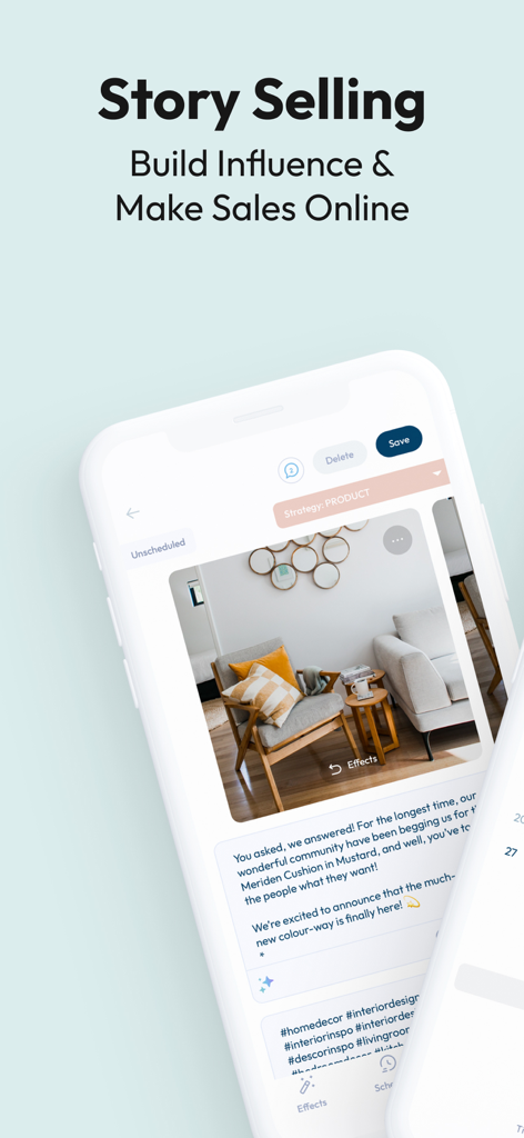 Plann: Preview for Instagram - Plann app interface showing a scheduled social media post with a caption and hashtags for an interior design business.