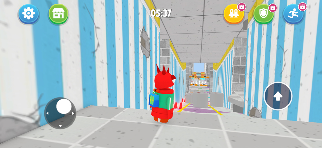 Monster Chase Robot and Co - A red robot character navigating a blue and white striped maze in the Monster Chase mobile game