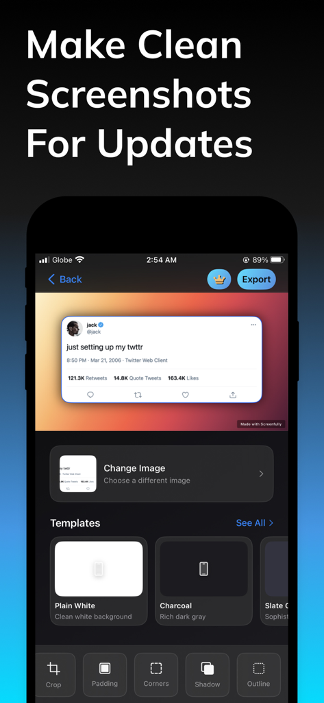 Screenfully app interface showing how to create clean professional screenshots with gradient backgrounds and templates for social media updates.