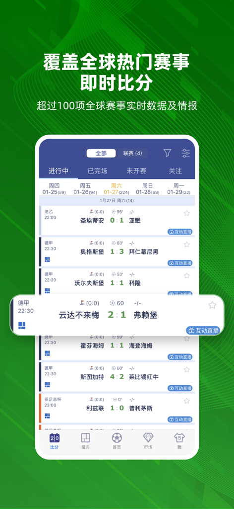 足球魔方-欧洲杯足彩情报预测比分直播 - Soccer Cube mobile app interface showing live global football match scores and schedules