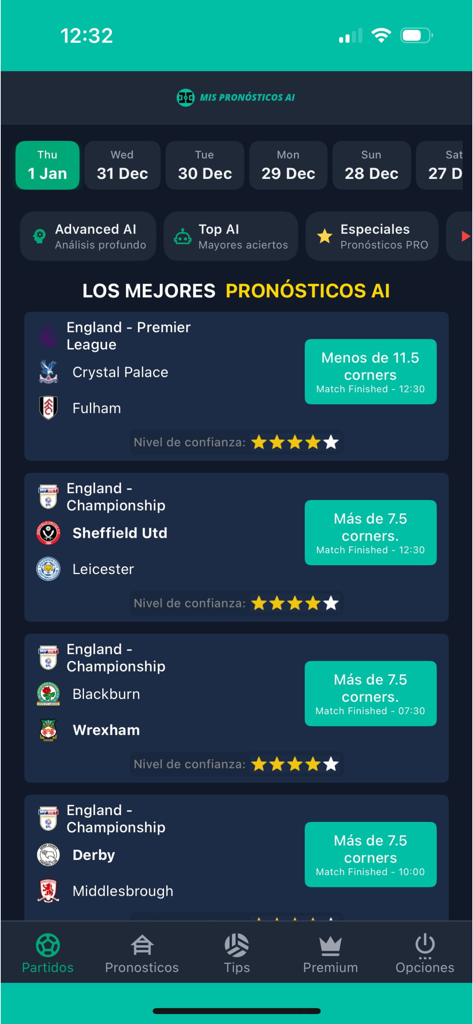 Pantalla de la aplicación Mis Pronosticos AI que muestra predicciones de partidos de fútbol y estadísticas de córners con índices de confianza.