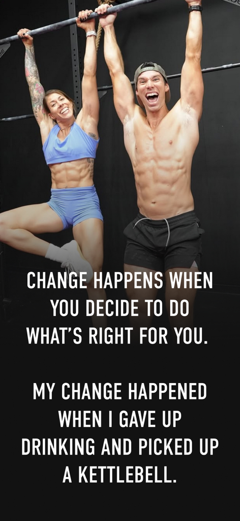 AFFit Kettlebell Workouts - A fit man and woman hanging from pull up bars with motivational text about lifestyle change