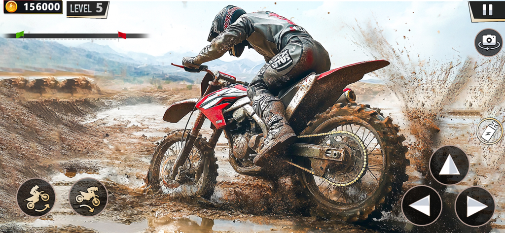 Foto de acción de una moto de cross corriendo por una pista embarrada con salpicaduras de agua