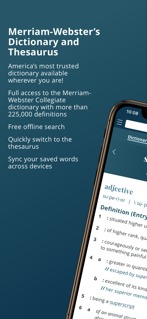 iPhone screen displaying the Merriam-Webster Dictionary plus app with word definitions and a list of premium features