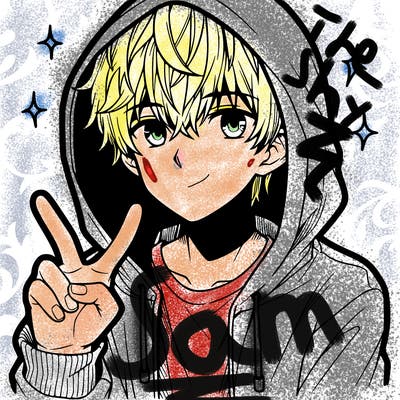 teenage manga boy in a hoodie, doing ✌