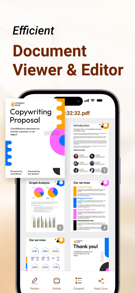 Space Cleaner: File Manager - Interfaz del visor y editor de documentos de la app Space Cleaner en iPhone mostrando una propuesta de redacción en PDF