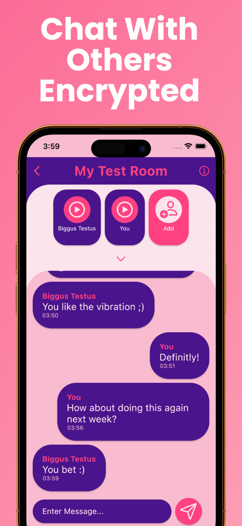 A screenshot of the Strong Vibration app showing an encrypted chat interface with remote control icons for long distance use.