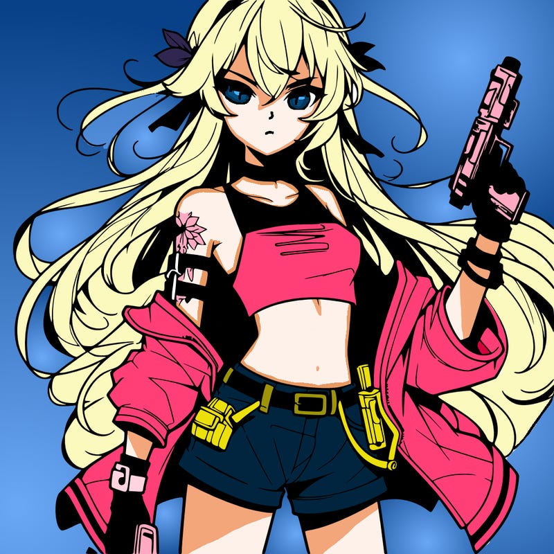 bad girl wearing crop top holding a gun long hair anime
