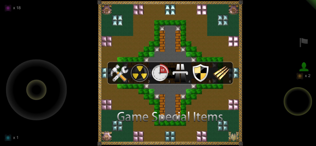 Infinity Tank Battle - Spezialgegenstände und Power-Up-Symbole überlagern eine Retro-Panzerschlachtkarte