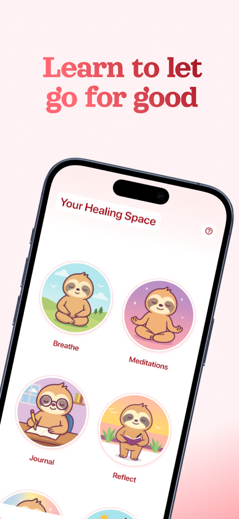 Refeel – Get Over Your Ex - Tela Espaço de Cura do aplicativo Refeel com ícones de bicho-preguiça para meditação e escrita de diário