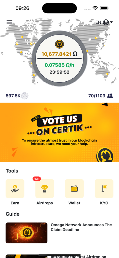 Omega Network mobile app interface showing user balance and mining speed
