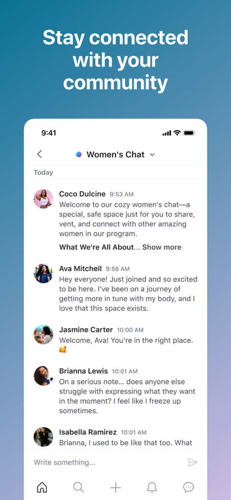 Know Your Norm - A mobile app screen showing a moderated chat for women discussing intimate health and wellness journeys.
