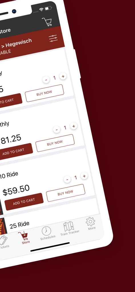 South Shore - South Shore app store screen displaying monthly and multi-ride ticket options with prices and buy buttons