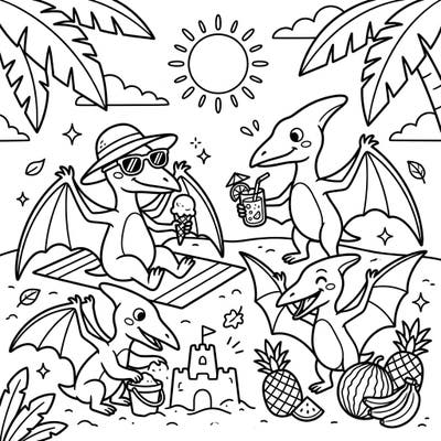 Get ready for a prehistoric beach adventure with this delightful coloring page featuring playful pterosaurs enjoying their summer vacation. Kids will love bringing this sunny scene to life, complete with sandcastles, tropical fruits, and yummy ice cream.