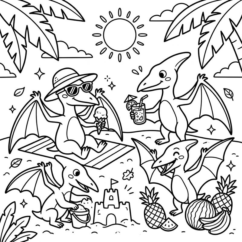 Get ready for a prehistoric beach adventure with this delightful coloring page featuring playful pterosaurs enjoying their summer vacation. Kids will love bringing this sunny scene to life, complete with sandcastles, tropical fruits, and yummy ice cream.