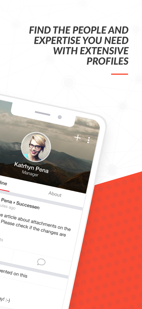 Speakap Mobile-App-Bildschirm, der ein detailliertes Managerprofil zur Suche nach Personen und Fachwissen anzeigt