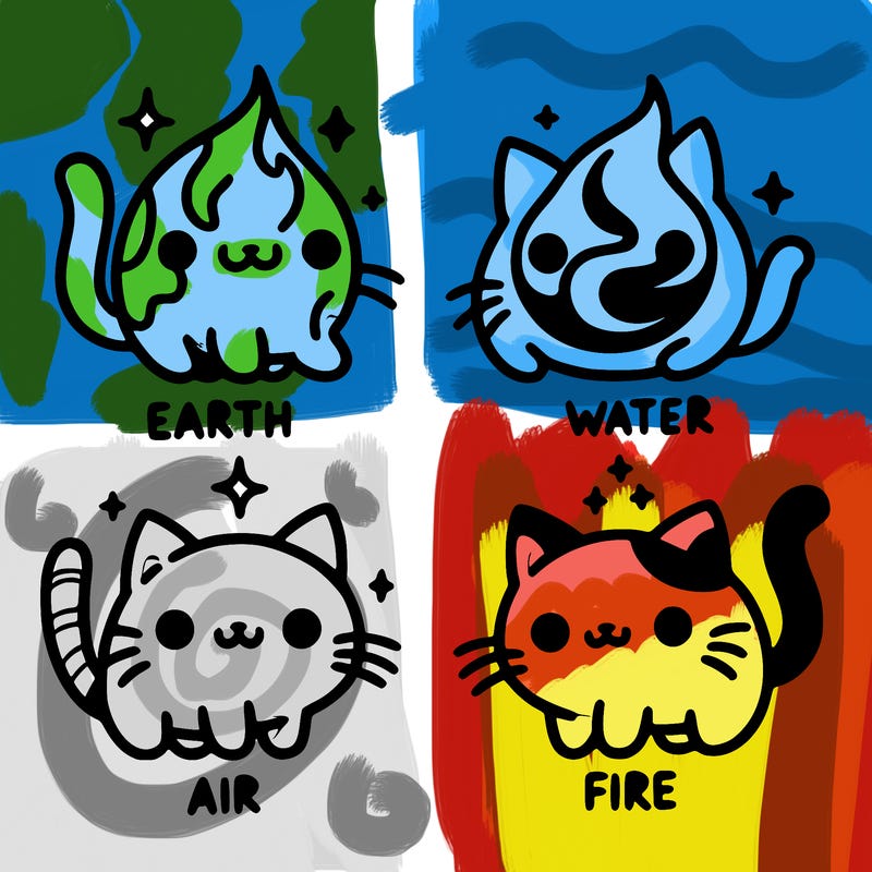 4 cats that represent the different elements, earth, water, air, and fire