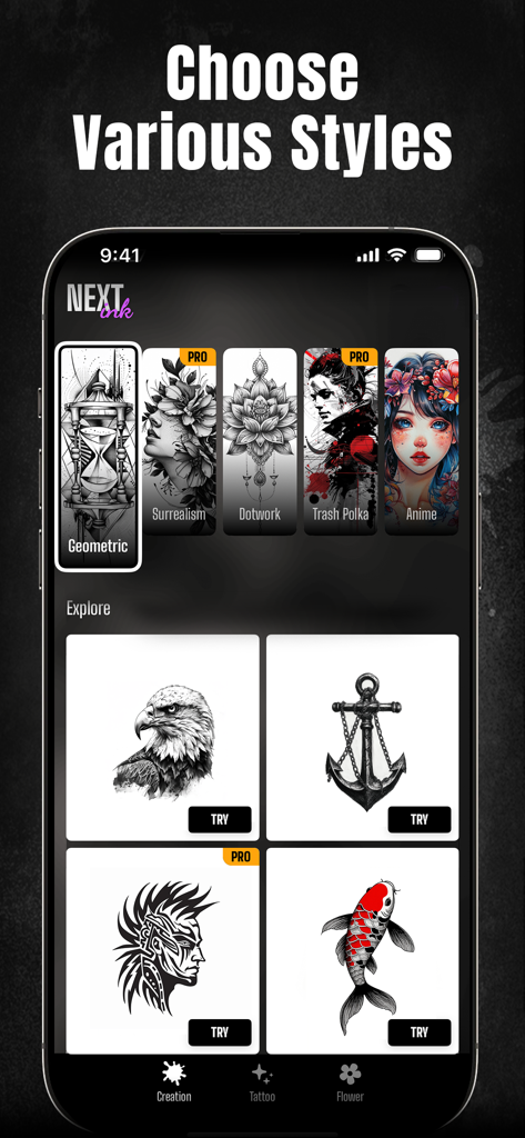 Next Ink app interface showing various tattoo styles including geometric surrealism and anime