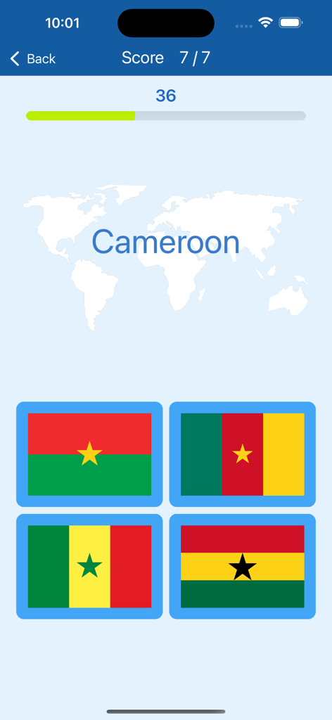 Flags of the countries - Quiz - A screenshot of the Flags of the countries quiz app showing a multiple choice question to identify the flag of Cameroon among four African flags.