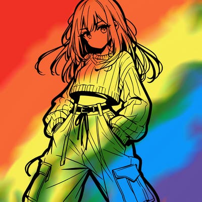 anime teen girl with baggy pants and crop top with sweater