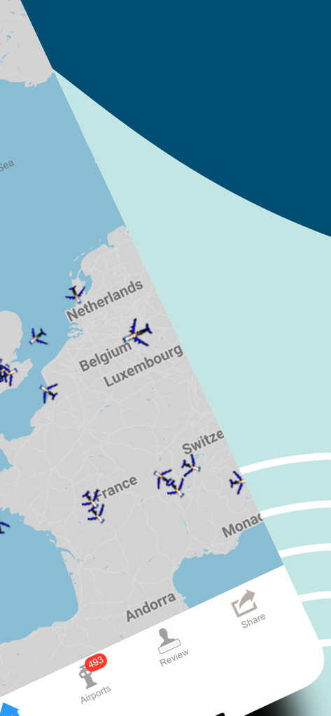 BAW: British Airways Air Sonar - Una mappa di tracciamento voli in tempo reale degli aeromobili British Airways sull'Europa occidentale all'interno dell'interfaccia dell'app Air Sonar