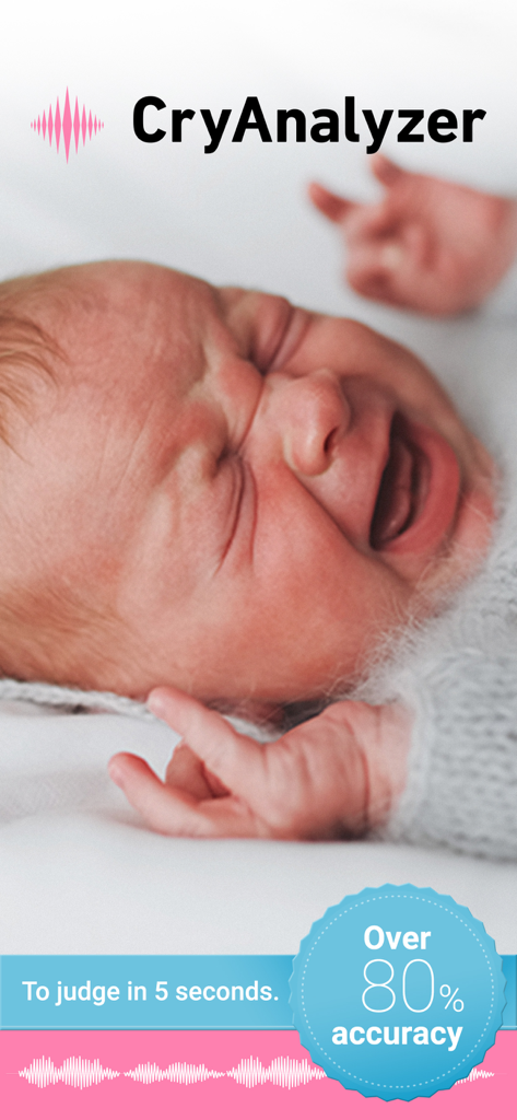Cry Analyzer app interface featuring a crying baby with 80 percent accuracy claim