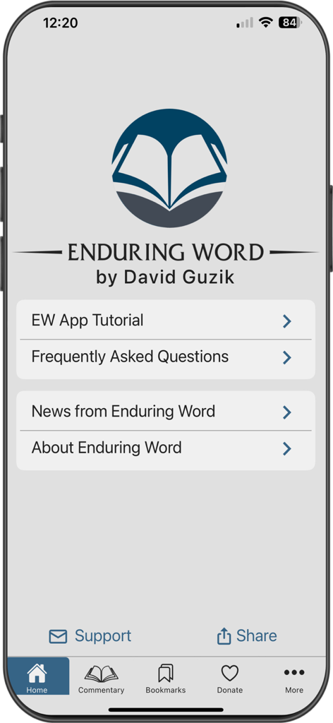 Enduring Word Commentary - Home screen of the Enduring Word Bible Commentary app by David Guzik with navigation menu and study resources.
