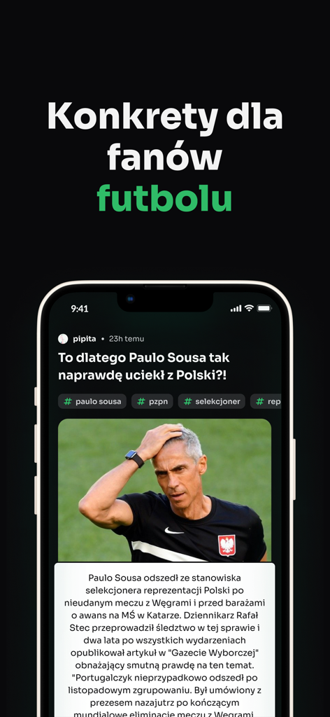 Fangol: Piłka Nożna & Newsy - Mobile App-Oberfläche von Fangol, die einen Fußballnachrichtenartikel auf Polnisch über einen Trainer zeigt