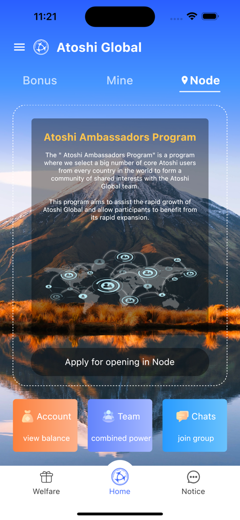 ATOSHI:Crypto Mining & Rewards - Atoshi Global app interface showing the Ambassadors Program in the Node section with team and account management features