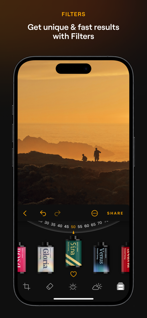 Smartphone screen displaying film style filters in the Luminar Mobile AI Photo Editor app