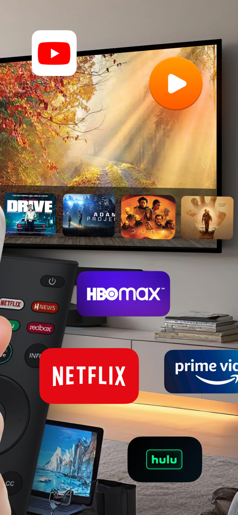L'interface de l'application de télécommande Vizio affichant les boutons de services de streaming pour Netflix et Hulu sur l'écran d'une smart TV.
