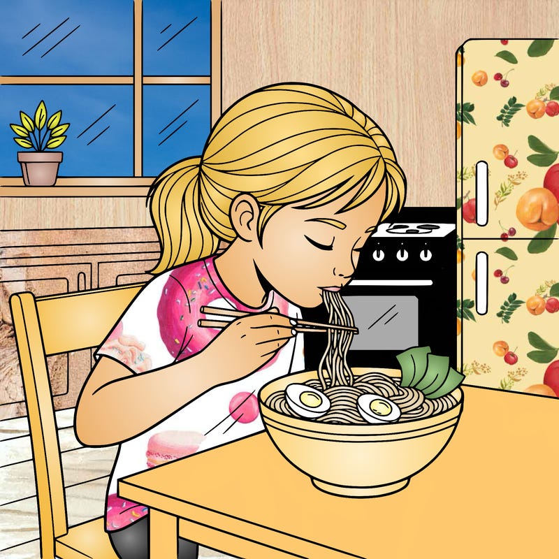 realistic girl eating ramen with boiled eggs and seaweed on her dinner table in the kitchen