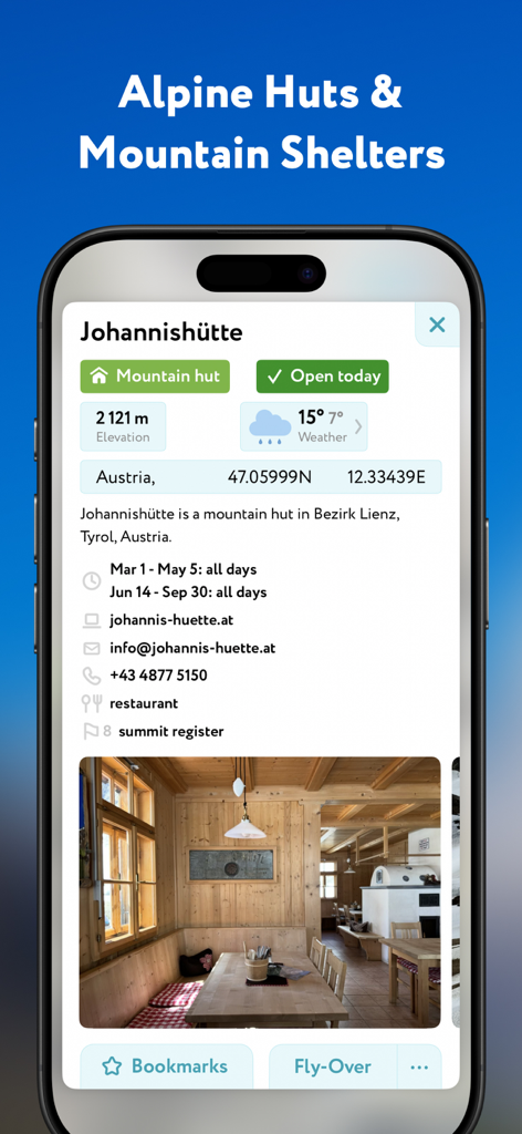 PeakVisor-App-Bildschirm mit Details zur Johannishütte in Österreich mit Höhen- und Wetterinformationen.