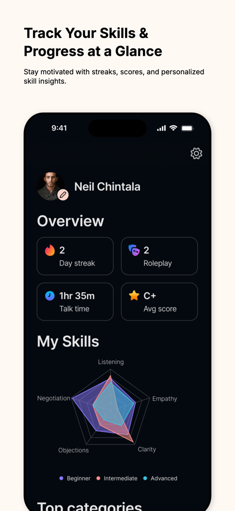 CoachCraft: AI Sales Trainer - Mobile app screen showing a sales training dashboard with skill metrics and a radar chart for performance analysis