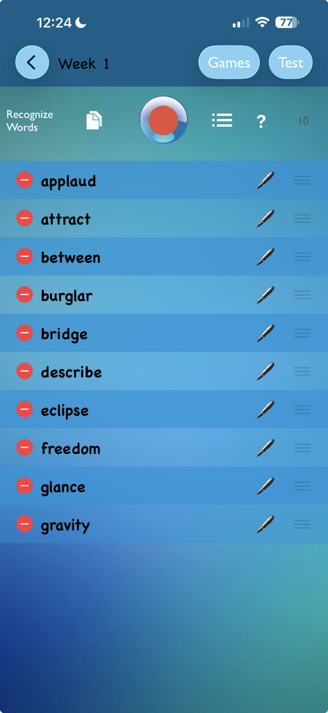 The setup screen of the TurboWords Spelling app showing a customized list of ten spelling words for a weekly test.