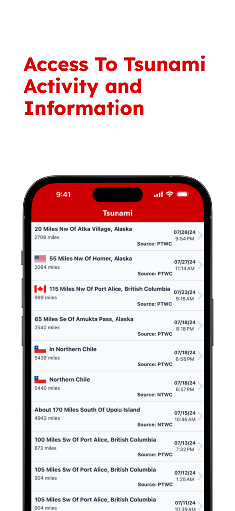 Alertas de tsunami e lista de atividades no aplicativo Earthquake Quake Tracker