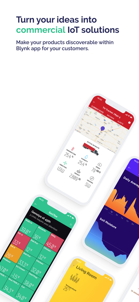 Blynk IoT - Four mobile screens showcasing diverse IoT solutions for commercial use including logistics, asset tracking, and smart monitoring.