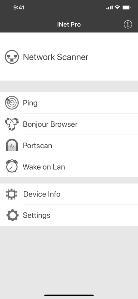 iNet Pro - Network Scanner - Main menu of the iNet Pro app showing tools like Network Scanner, Ping, and Wake on Lan.