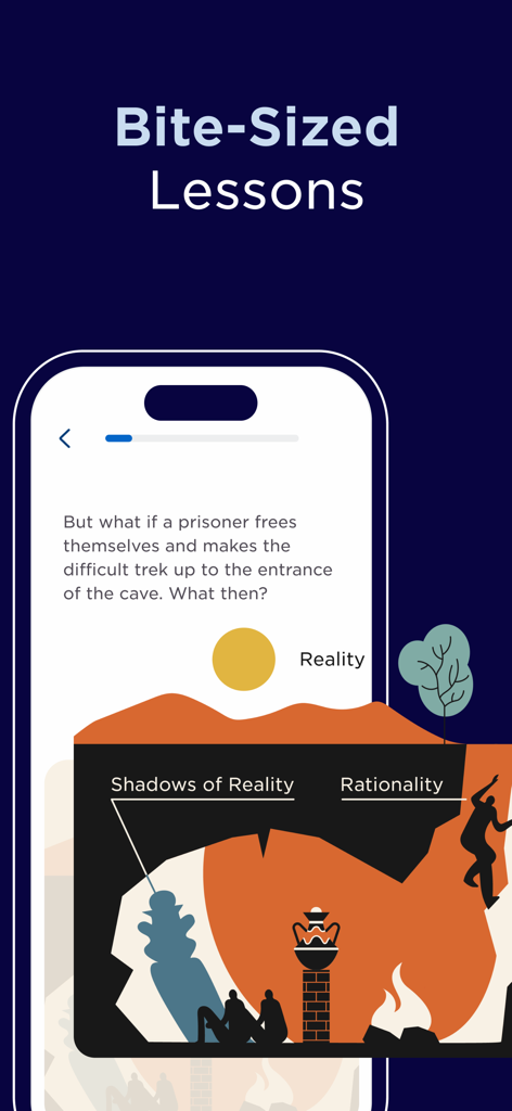 Interfaz de smartphone de la aplicación Fathom que muestra una lección de filosofía corta sobre la alegoría de la cueva con visuales elegantes