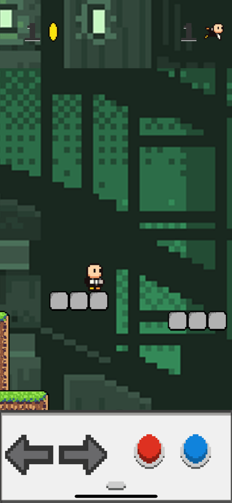 Super Bros! - 8-bit character standing on platforms in a pixel art level with virtual on-screen controls.