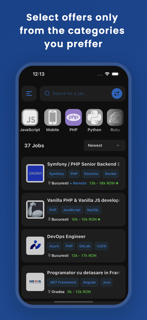 DevJob.ro - DevJob.ro mobile interface showing IT job openings in Romania with salary insights and tech stack categories
