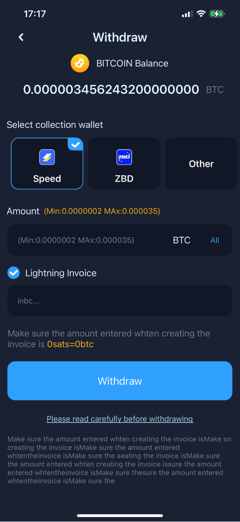 Écran de retrait de l'application Bitcoin Cloud Mining affichant le solde BTC actuel et la sélection du portefeuille.
